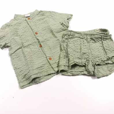 Completo Camiciola Pantalone Corto Cotone Organico Verde Salvia 6/9 Mesi H&M  