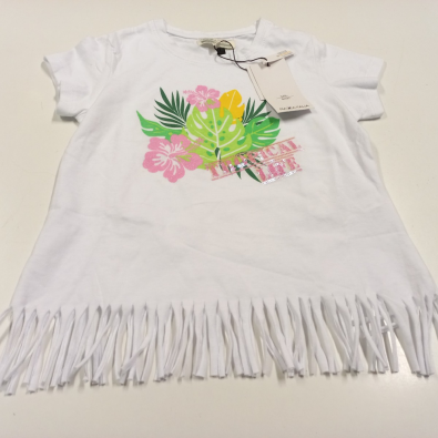 Maglietta Bianca Con Fiori E Foglie Tropicali E Frange Piazzaitalia  4/5 Anni NUOVO  