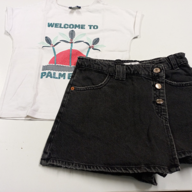 Completo Maglietta Bianca Glitter Welcome To Palm Beach+pantagonna Jeans 8/9 Anni  
