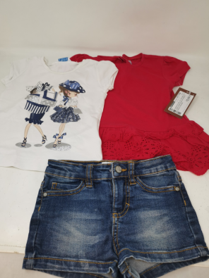 Completo Girl 2 A - Mayoral 3 Pz Jeans Shorts Maglia Rosso E Bianco Ragazza   