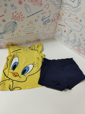 Completo Bimba 9/12 Mesi Looney Tunes T-shirt Gialla Titti + Pantaloni Blu  