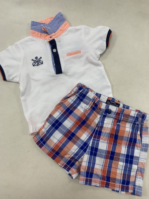 Completo Bimbo 6 Mesi Mayoral Shorts Scozzese Arancione E Blu Regolabile + Polo Bianco  