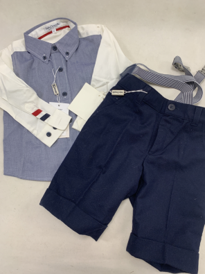 Completo Bimbo 18 Mesi Baby Graziella Camicia + Bermuda + Bretelle Bianco E Blu NUOVO Cart Cerimonia 