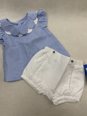 Completo Bimba 6 Mesi Jacadi Camicia Righe Blu Verticali + Culotte Bianco NUOVO Cartellin.  