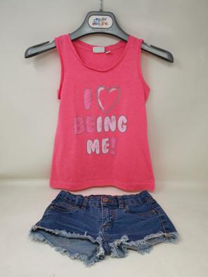Completo Girl 4-5A Top Rosa Fluo Shorts Jeans   