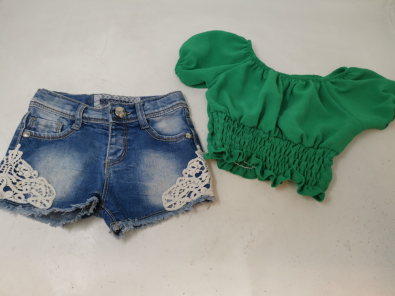 Completo Girl 12 M - Jeans Shorts E Camicia Verde   
