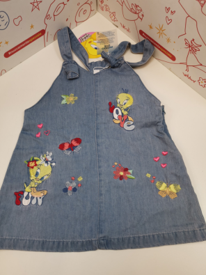Gonna Girl 18-24 M Looney Tunes Jeans Nuovo Salopette   